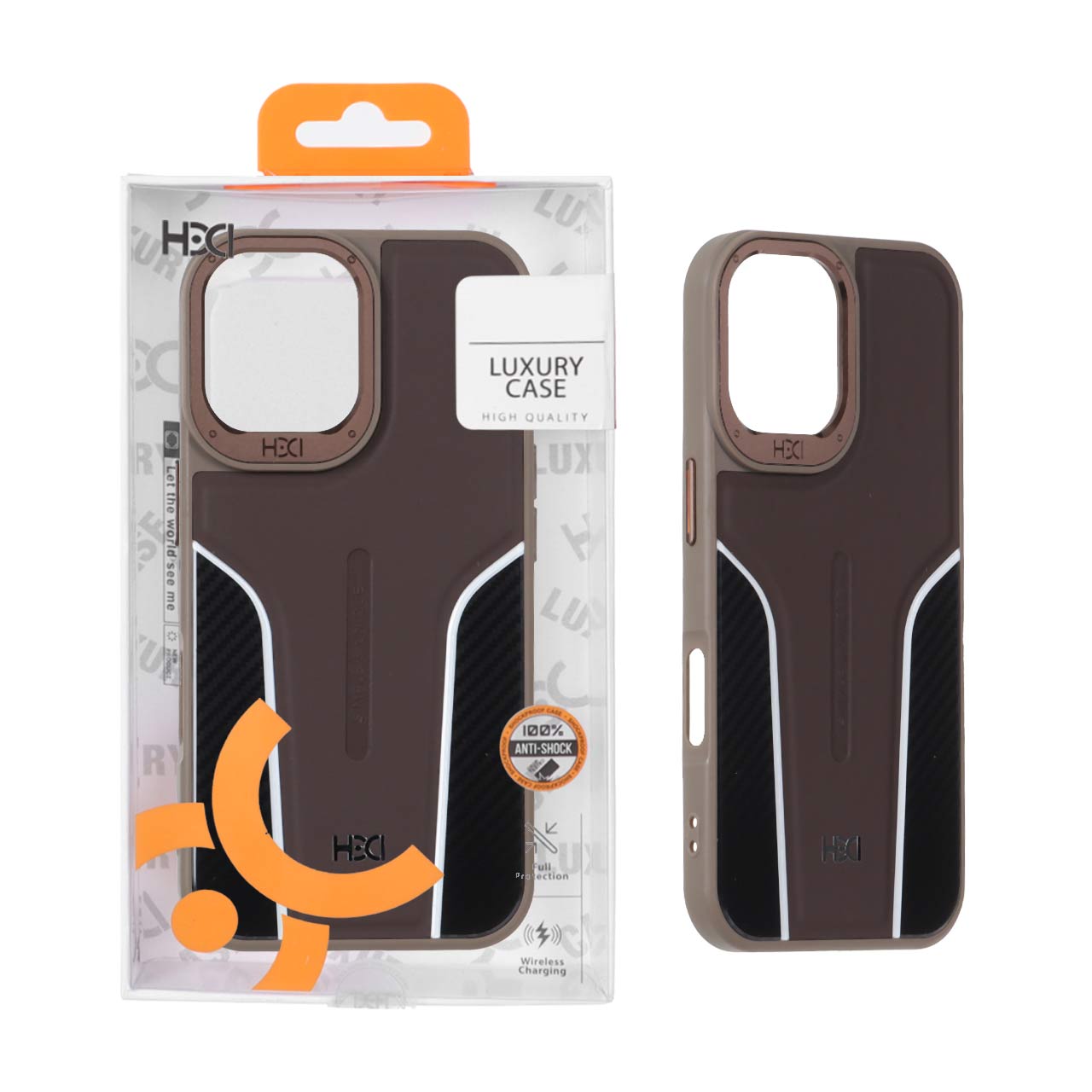 1442090 قاب اورجینال HDD طرح کربن محافظ لنز فلزی Apple iPhone 16 - قهوه ای تیره (پک دار) - تصویر 1