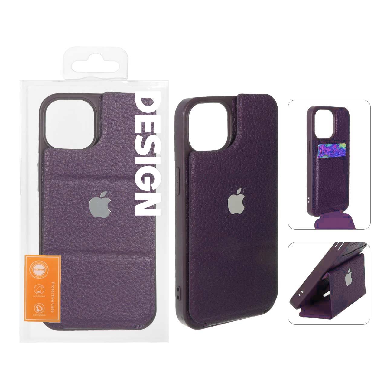 1442622 قاب چرمی جاکارتی استندشو لوگو برجسته Apple iPhone 13 / iPhone 14 - بنفش (پک دار) - تصویر 1