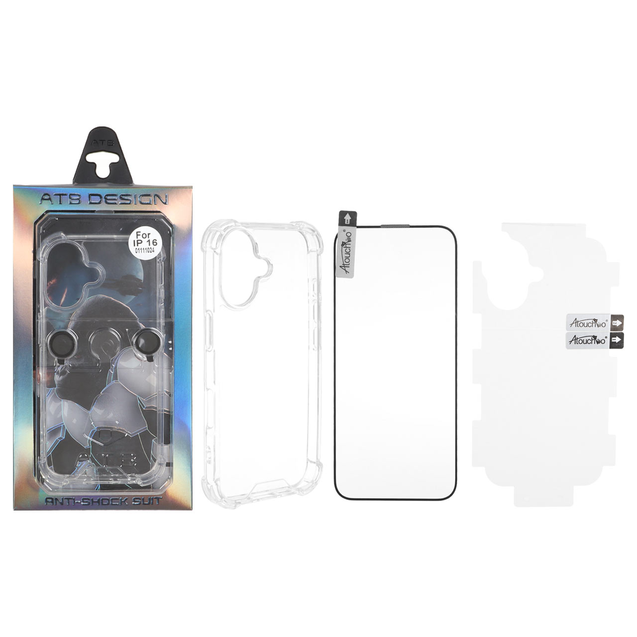 1481110 قاب ATB ایربگ دار با ست برچسب پشت و محافظ لنز و صفحه نمایش و کاردک Apple iPhone 16 (پک دار) - تصویر 1