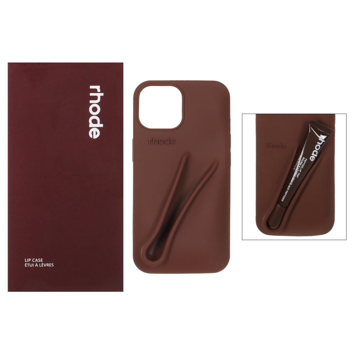 قاب سیلیکونی پاک کنی اورجینال rhode با ست لیپ گلاس Apple iPhone 15 / iPhone 14 / iPhone 13 - قهوه ای (پک دار) - تصویر 1