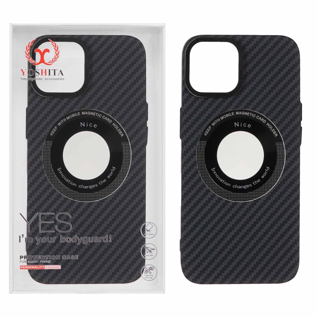 1527178 قاب اورجینال Yoshita طرح کربن Magsafe مدل Apple iPhone 13 / iPhone 14 - مشکی (پک دار) - تصویر 1
