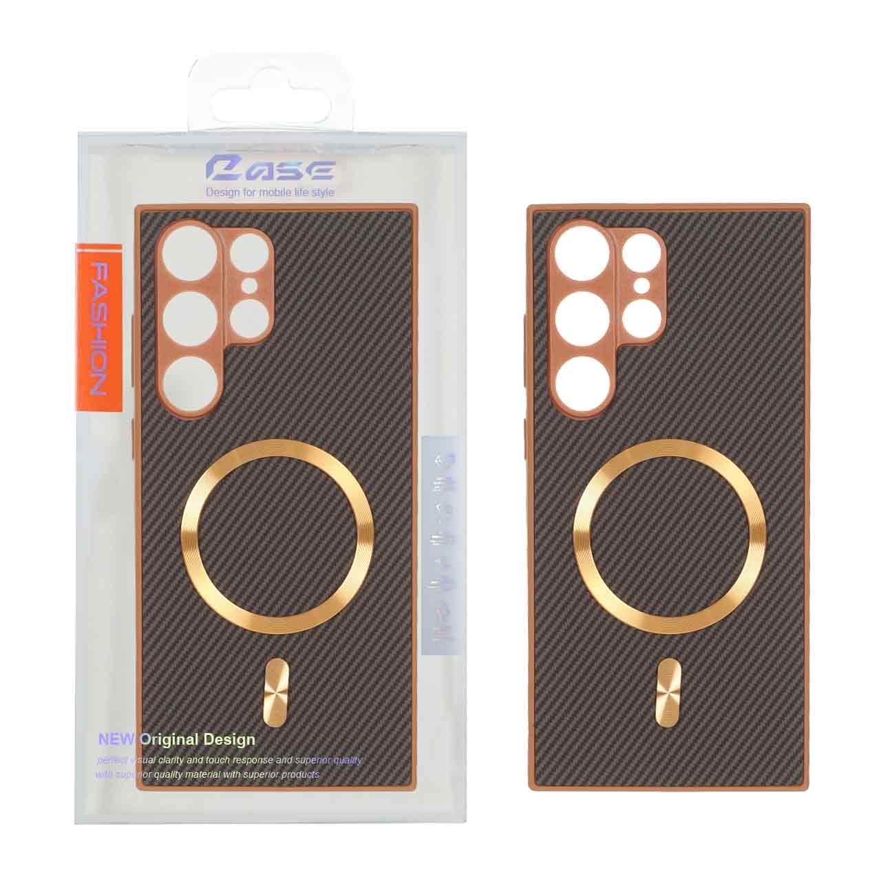 1560088 قاب هاشور MagSafe فلزی برجسته محافظ لنزدار Samsung Galaxy S23 Ultra - قهوه ای (پک دار) - تصویر 1