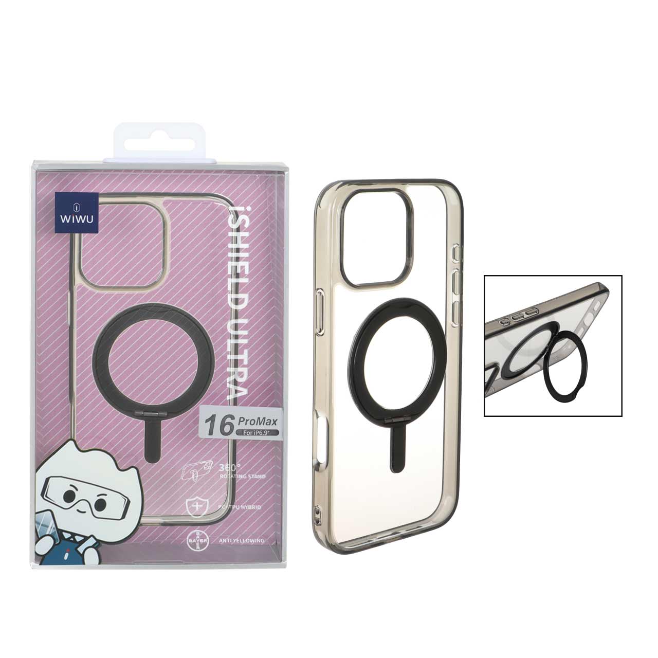 1561992 قاب اورجینال Wiwu ishield Ultra شفاف MagSafe استندشو Apple iPhone 16 Pro Max - مشکی (پک دار) - تصویر 1