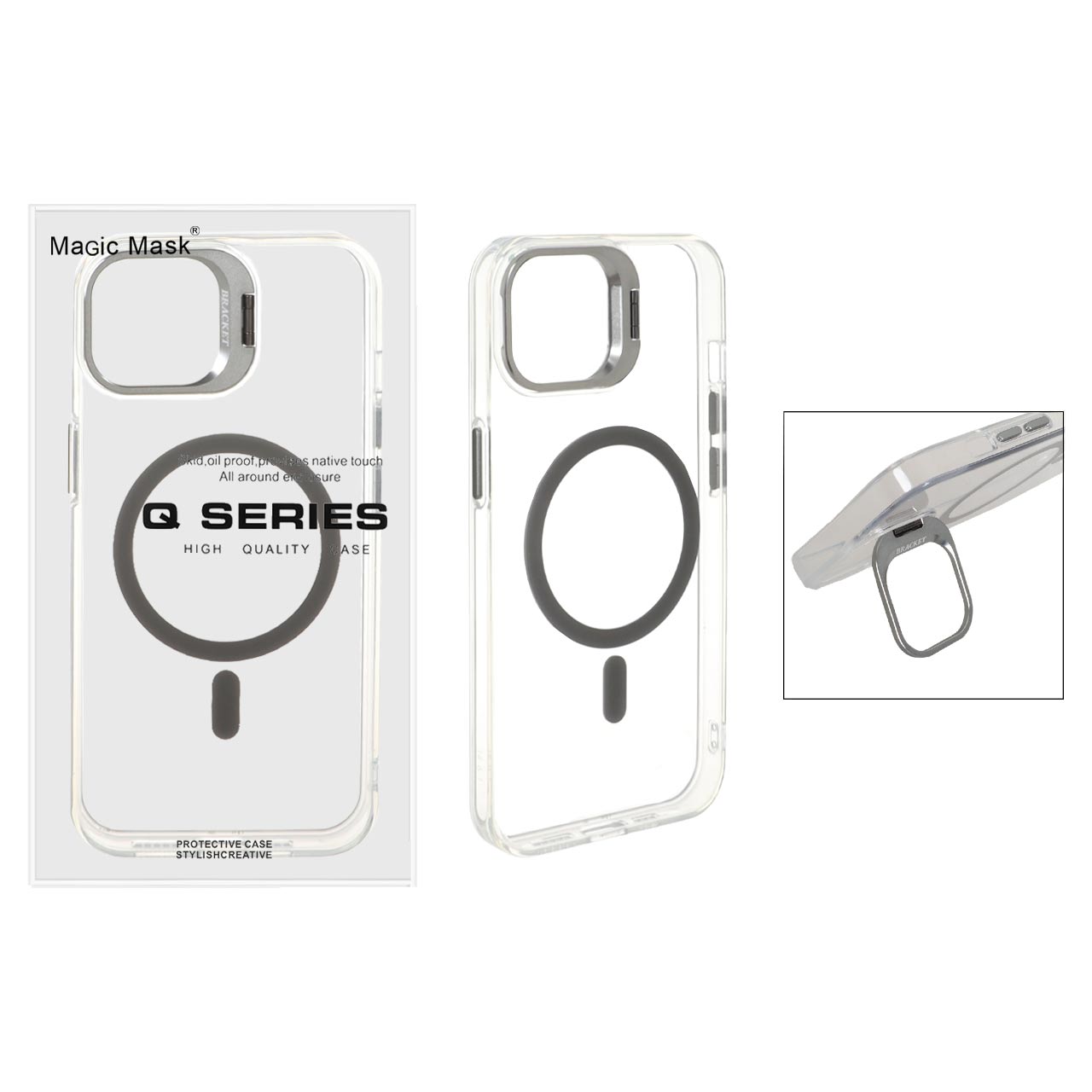 1562806 قاب اورجینال Q Series Bracket کریستالی Magsafe لنز استندشو مدل Apple iPhone 13 / iPhone 14 - خاکستری (پک دار) - تصویر 1