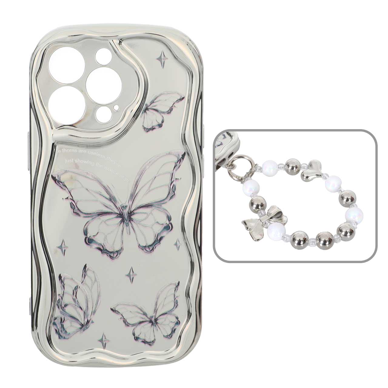 1568338 قاب کنگره ای آینه ای طرح دار با آویز مچی مرواریدی Apple iPhone 13 Pro - کد 8 - تصویر 1