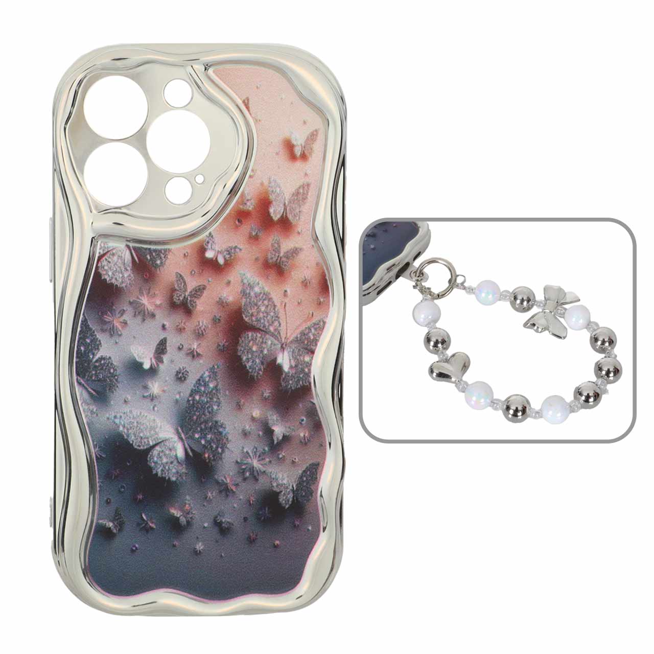 1568342 قاب کنگره ای آینه ای طرح دار با آویز مچی مرواریدی Apple iPhone 13 Pro - کد 10 - تصویر 1