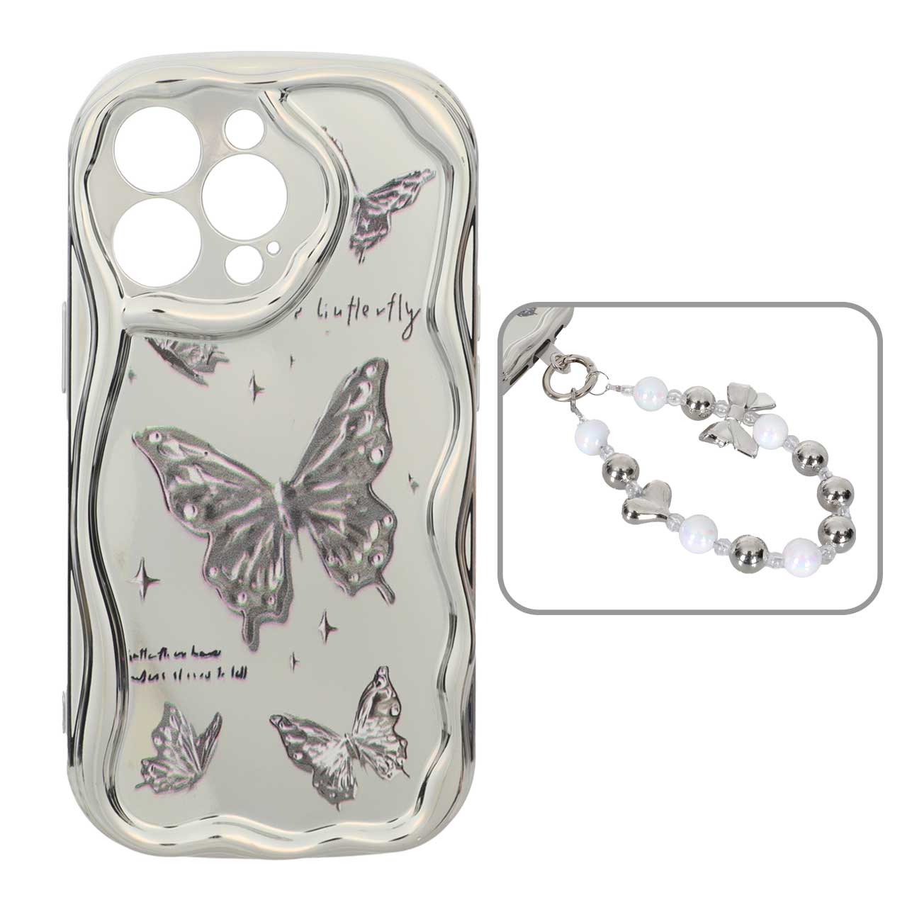 1568346 قاب کنگره ای آینه ای طرح دار با آویز مچی مرواریدی Apple iPhone 13 Pro - کد 12 - تصویر 1