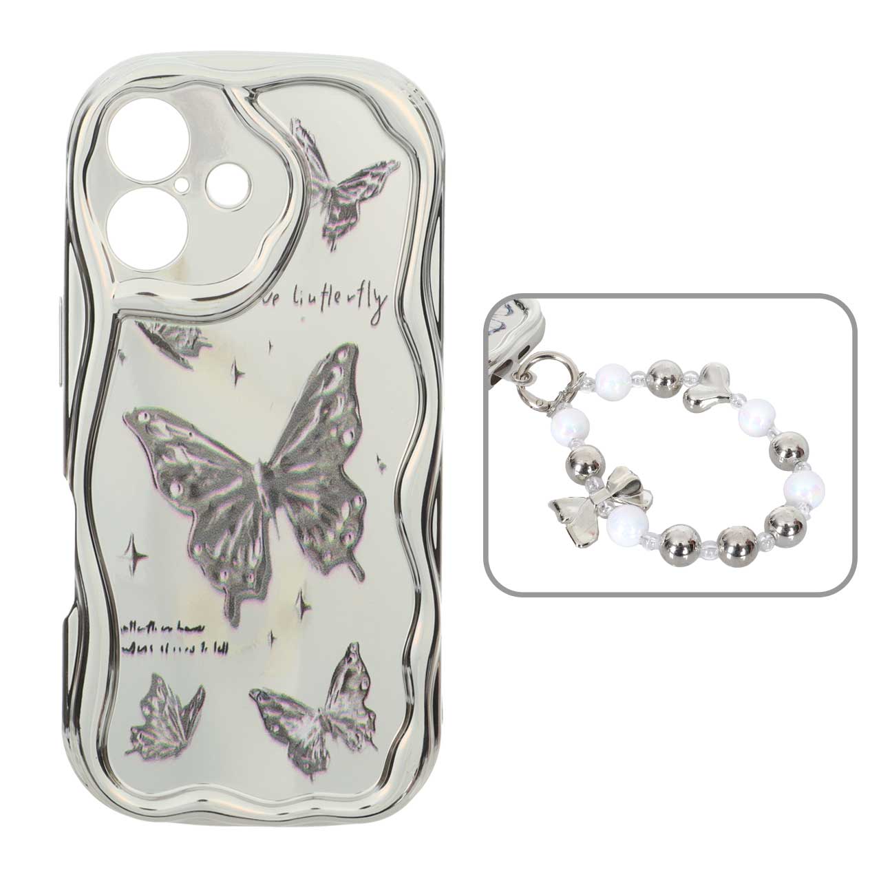 1568352 قاب کنگره ای آینه ای طرح دار با آویز مچی مرواریدی Apple iPhone 16 - کد 15 - تصویر 1