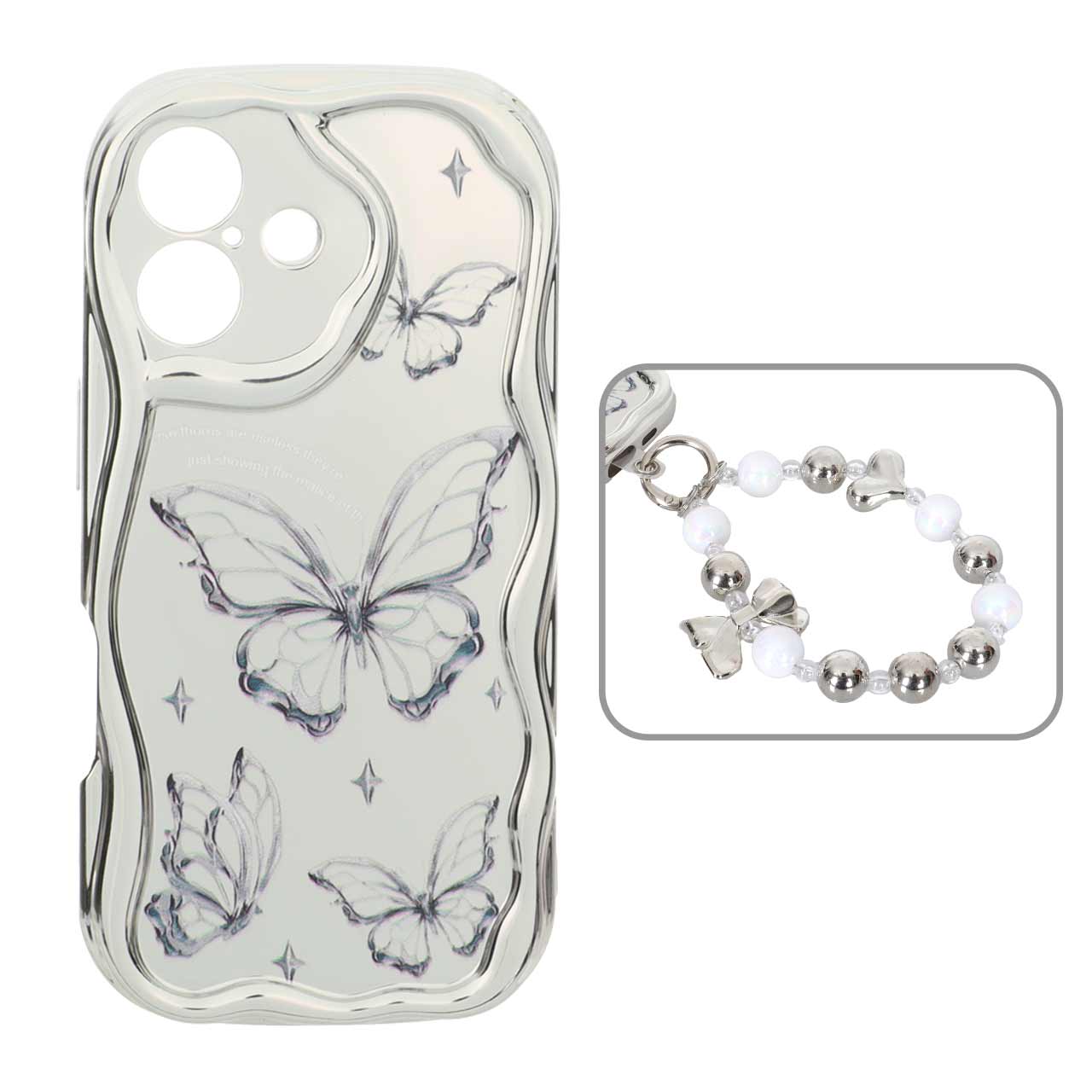 1568354 قاب کنگره ای آینه ای طرح دار با آویز مچی مرواریدی Apple iPhone 16 - کد 16 - تصویر 1