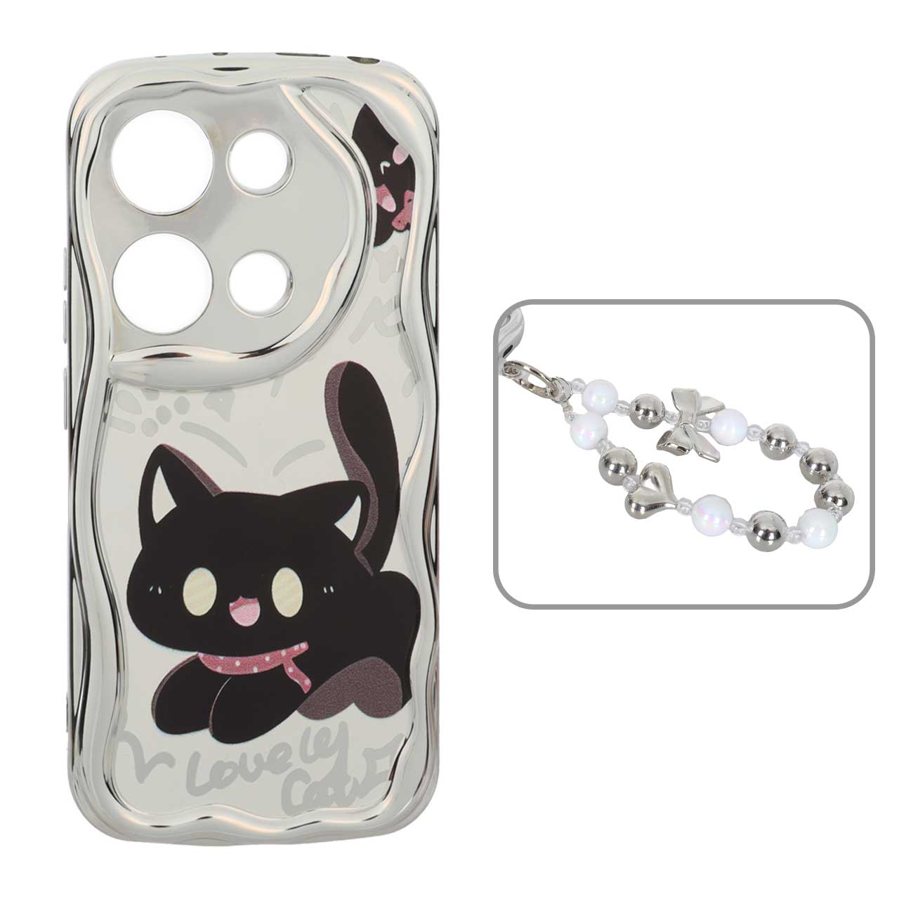 1568522 قاب کنگره ای آینه ای طرح دار با آویز مچی مرواریدی Xiaomi Redmi Note 14S / Note 13 Pro 4G / Poco M6 Pro 4G - کد 100 - تصویر 1