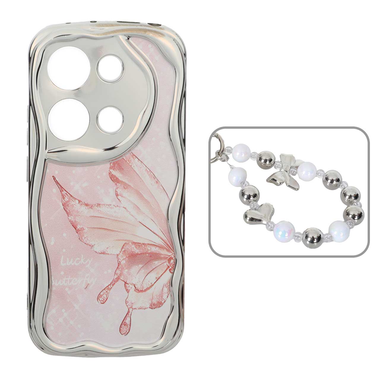 1568524 قاب کنگره ای آینه ای طرح دار با آویز مچی مرواریدی Xiaomi Redmi Note 14S / Note 13 Pro 4G / Poco M6 Pro 4G - کد 101 - تصویر 1