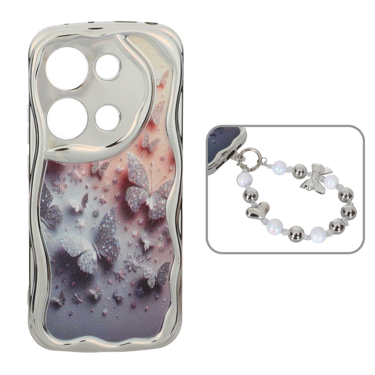 1568526 قاب کنگره ای آینه ای طرح دار با آویز مچی مرواریدی Xiaomi Redmi Note 14S / Note 13 Pro 4G / Poco M6 Pro 4G - کد 102 - تصویر 1