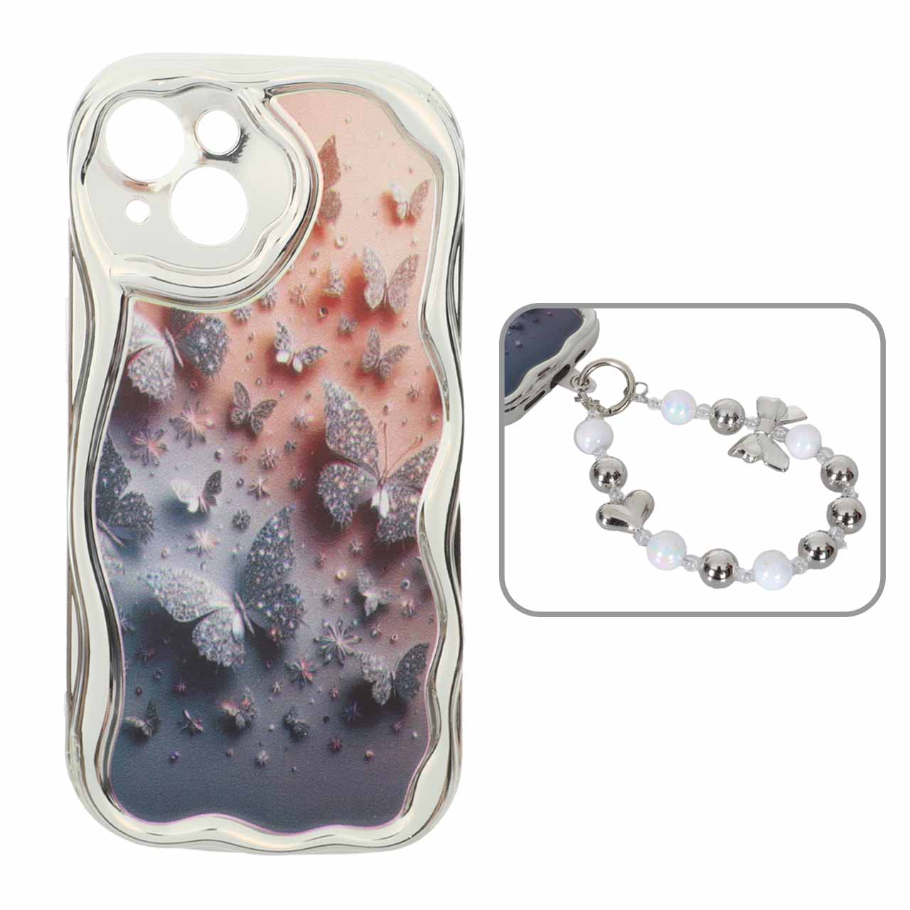 1568564 قاب کنگره ای آینه ای طرح دار با آویز مچی مرواریدی Apple iPhone 13 / iPhone 14 - کد 121 - تصویر 1