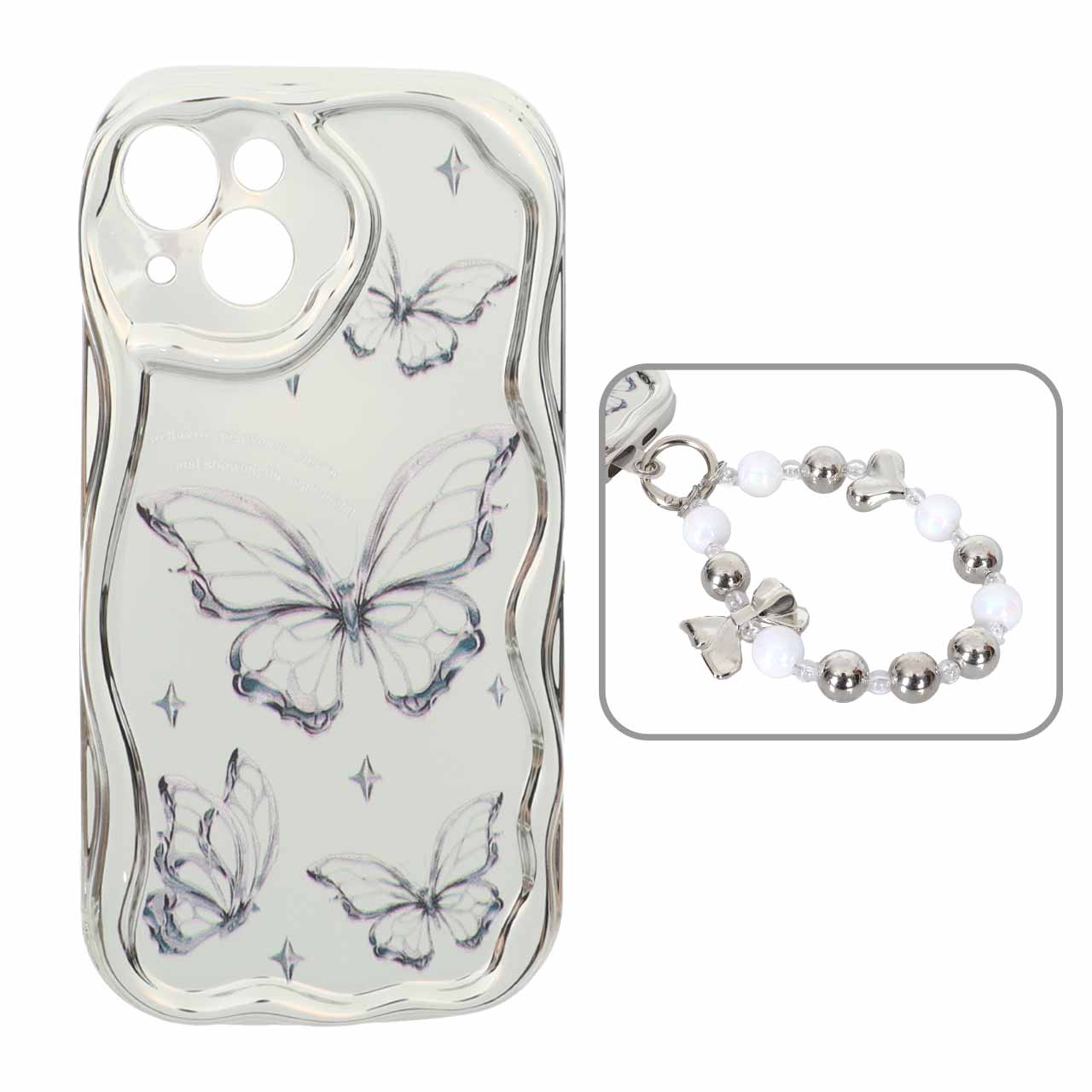 1568566 قاب کنگره ای آینه ای طرح دار با آویز مچی مرواریدی Apple iPhone 13 / iPhone 14 - کد 122 - تصویر 1