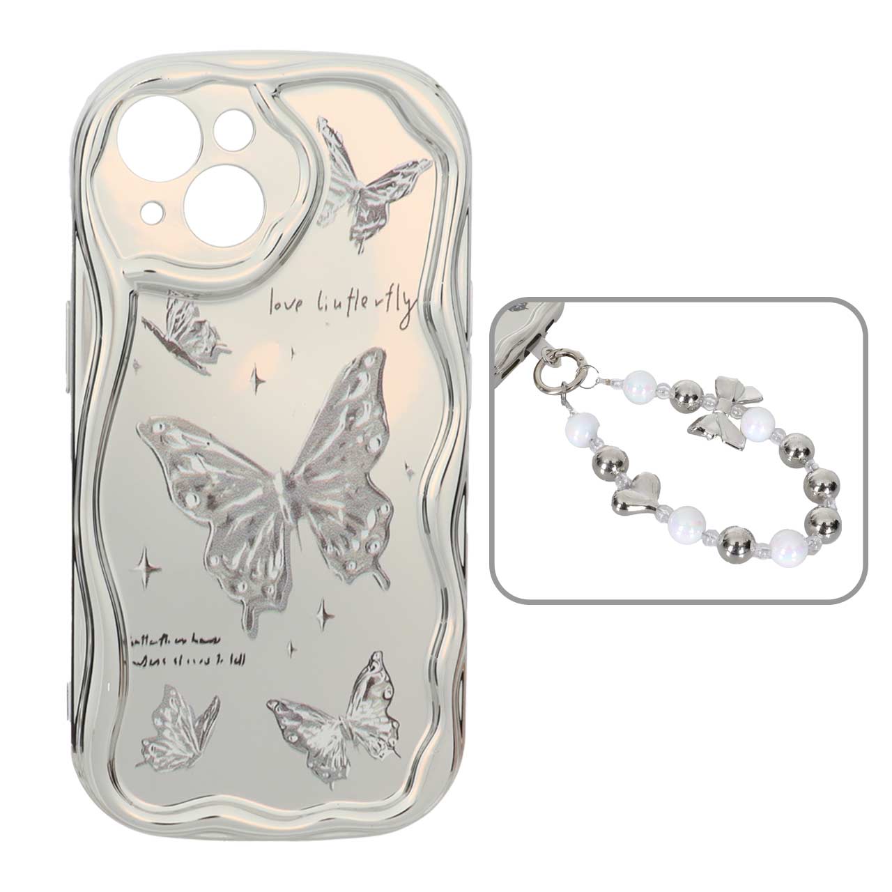 1568576 قاب کنگره ای آینه ای طرح دار با آویز مچی مرواریدی Apple iPhone 15 - کد 127 - تصویر 1