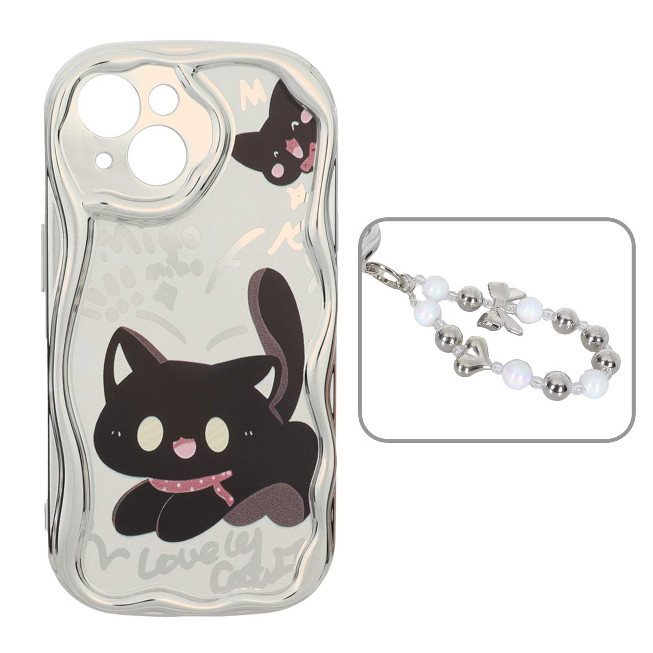 1568582 قاب کنگره ای آینه ای طرح دار با آویز مچی مرواریدی Apple iPhone 15 - کد 130 - تصویر 1