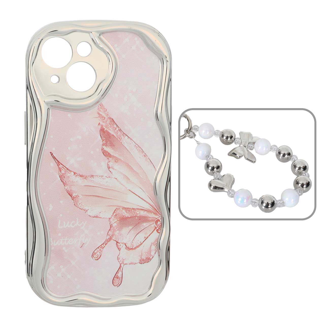 1568586 قاب کنگره ای آینه ای طرح دار با آویز مچی مرواریدی Apple iPhone 15 - کد 132 - تصویر 1