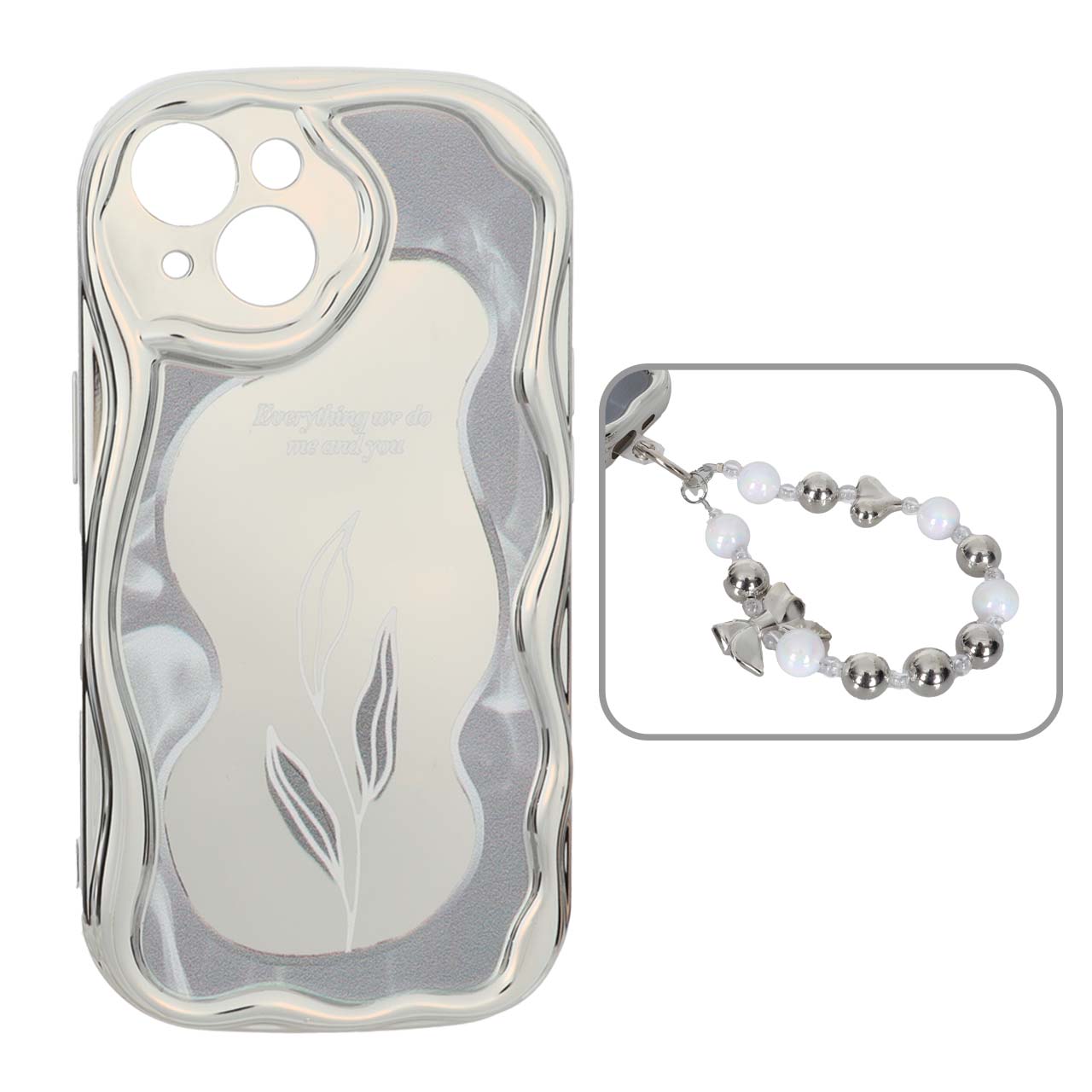 1568588 قاب کنگره ای آینه ای طرح دار با آویز مچی مرواریدی Apple iPhone 15 - کد 133 - تصویر 1