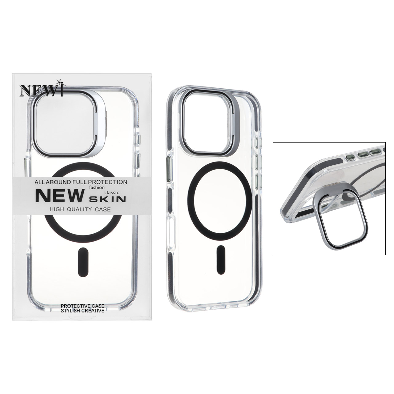 1688270 قاب اورجینال New Skin شفاف کریستالی MagSafe لنز استندشو Apple iPhone 16 Pro - مشکی (پک دار) - تصویر 1