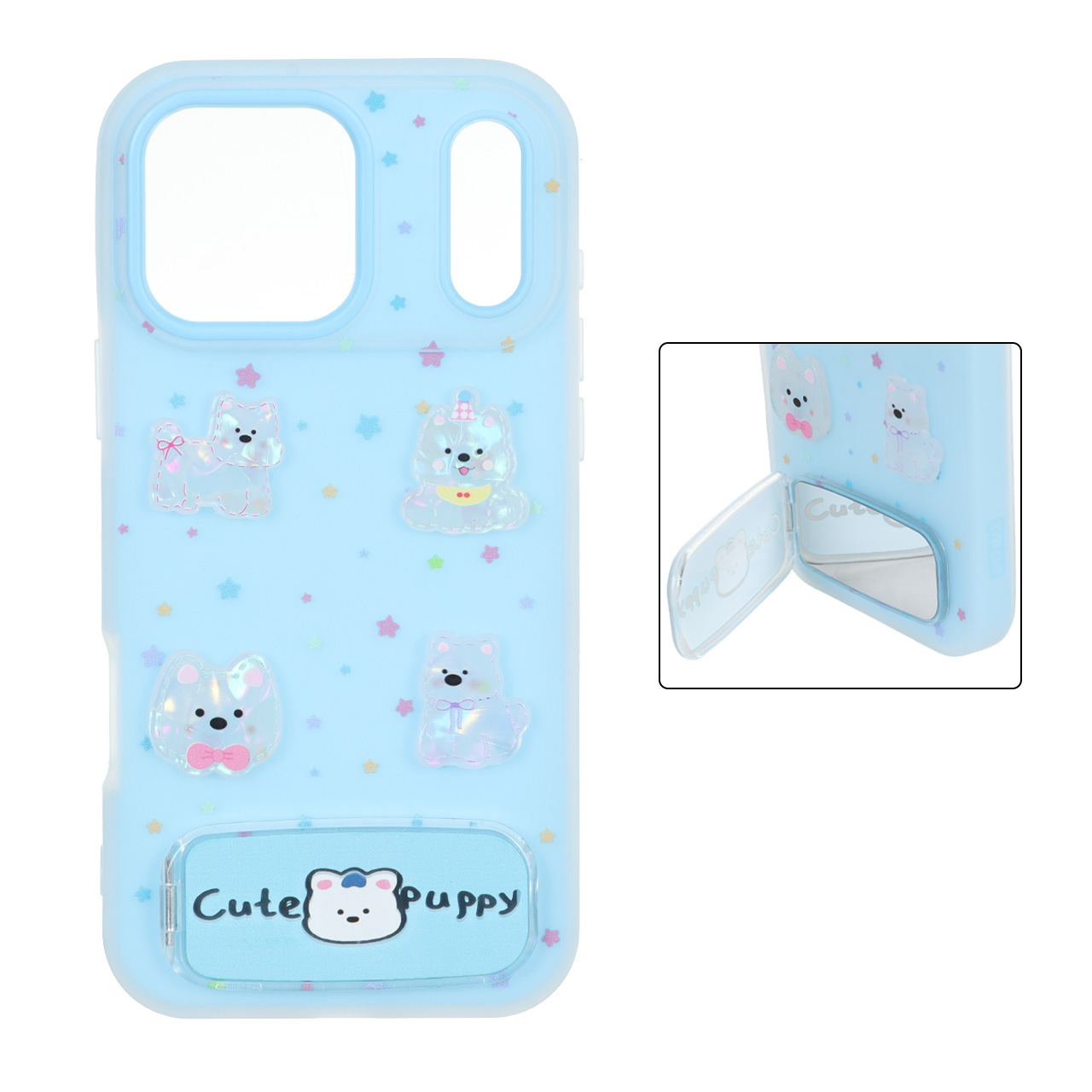 1712000 قاب Cute Puppy دولایه عروسک برجسته استندشو آینه ای Apple iPhone 17 Pro Max - آبی - تصویر 1