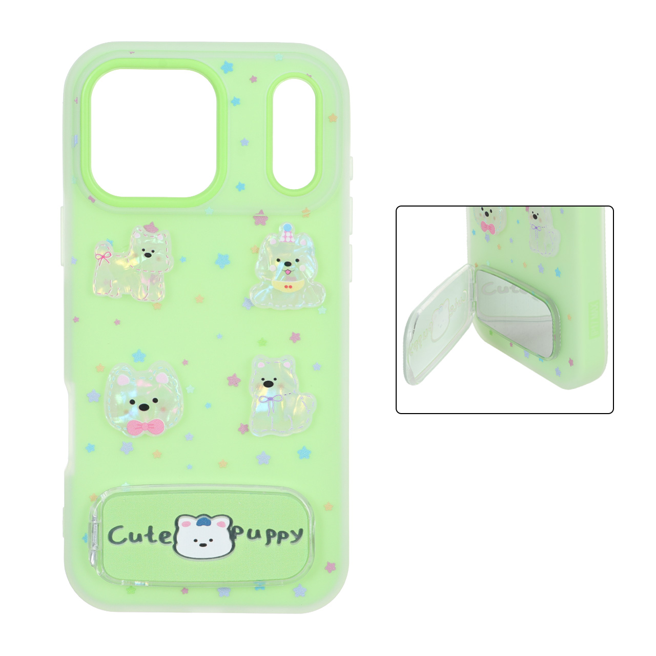1712004 قاب Cute Puppy دولایه عروسک برجسته استندشو آینه ای Apple iPhone 17 Pro Max - سبز - تصویر 1