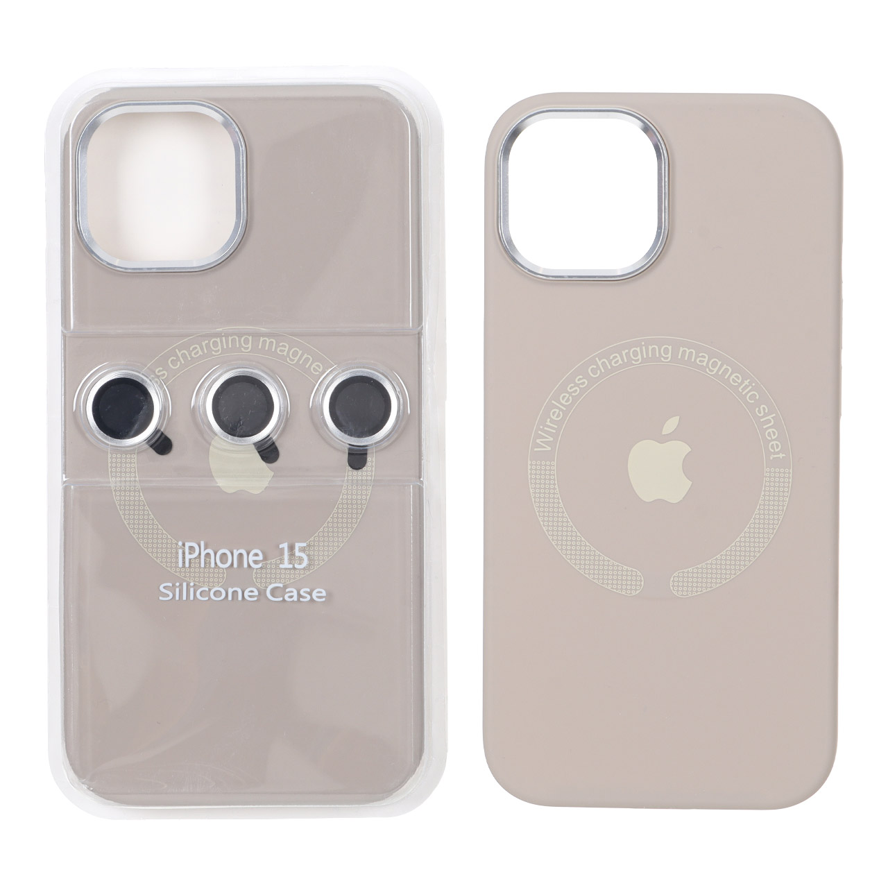 1797916 قاب سیلیکونی اورجینال Magsafe با ست محافظ لنز رینگی Apple iPhone 15 / iPhone 14 / iPhone 13 - خاکی (پک دار) - تصویر 1
