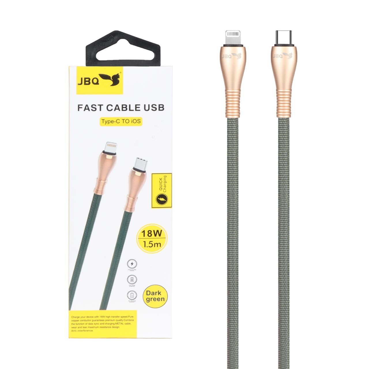 کابل شارژ 1.5 متری فست JBQ Type-C to Lightning مدل CB-12P1 - سبز تیره (گارانتی یکساله رصاصی) - اسپه کالا کابل شارژ 1.5 متری فست JBQ Type-C to Lightning مدل CB-12P1 - سبز تیره (گارانتی یکساله رصاصی) - تصویر 1