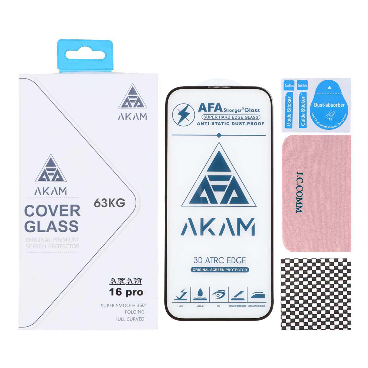 1414594 محافظ صفحه نمایش شیشه ای اورجینال Full Cover - AKAM مدل Apple iPhone 17 / iPhone 16 Pro به همراه دستمال و پد سیلیکونی (پک دار) - تصویر 1