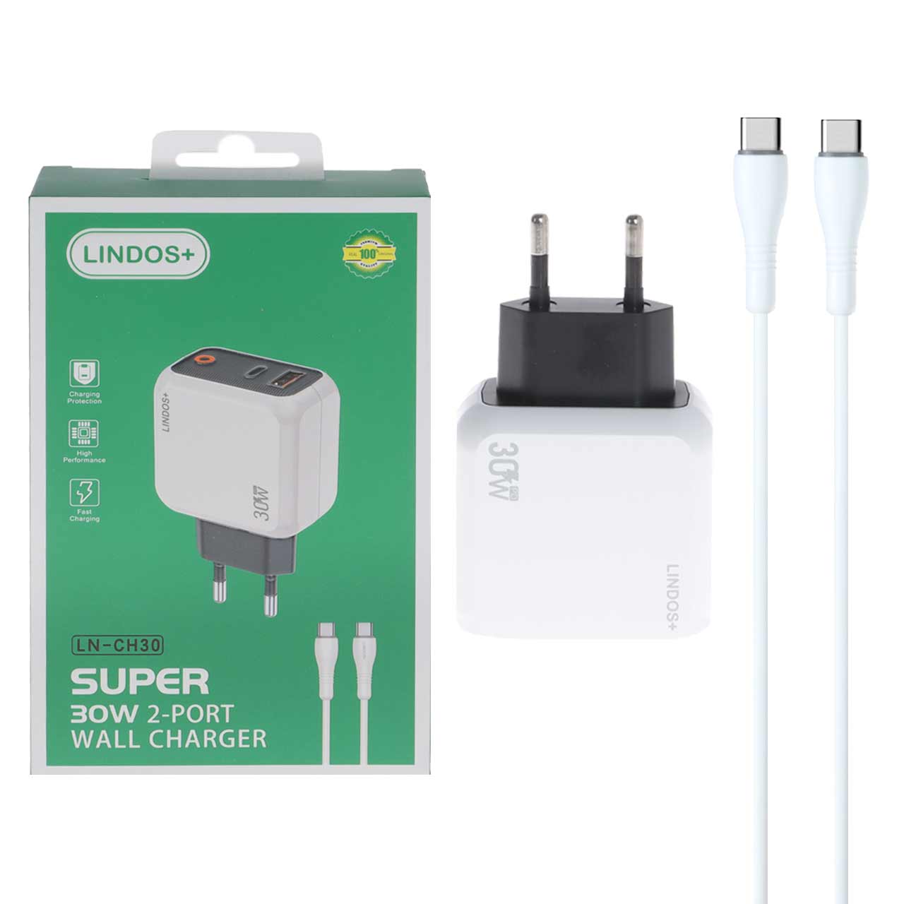 شارژر دیواری فست و PD دو پورت +Lindos مدل LN-CH30 30W به همراه کابل شارژ Type-C To Type-C - سفید (گارانتی تعویض یکساله شرکتی) - اسپه کالا شارژر دیواری فست و PD دو پورت +Lindos مدل LN-CH30 30W به همراه کابل شارژ Type-C To Type-C - سفید (گارانتی تعویض یکساله شرکتی) - تصویر 1