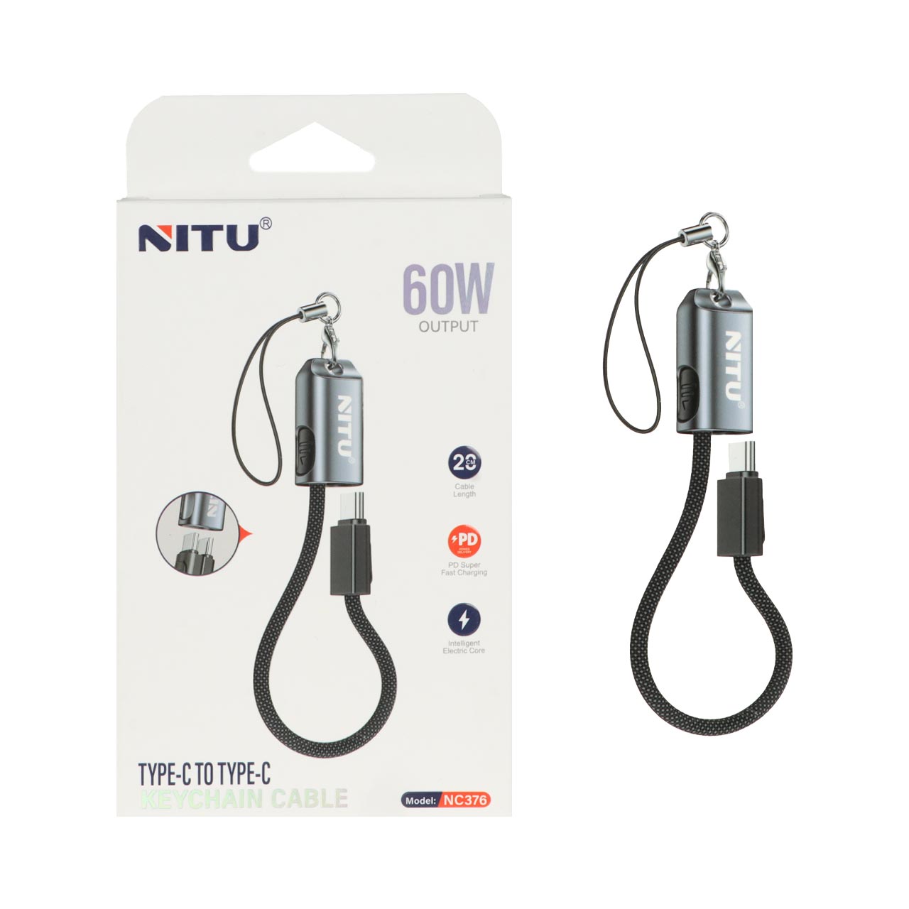 1720832 کابل شارژ فست 20 سانتی Nitu Type-C To Type-C و جاسوئیچی مدل NC376 60W - مشکی (گارانتی 18 ماه تعویض نیکان همراه) - تصویر 1