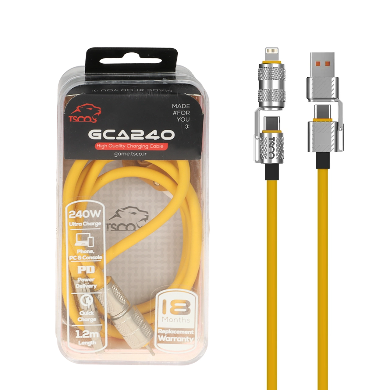 کابل شارژ PD و فست 240W چهارکاره ( گیمینگ ) 1.2 متری TSCO مدل GCA240 - زرد (گارانتی 18 ماهه تسکو) - اسپه کالا کابل شارژ PD و فست 240W چهارکاره ( گیمینگ ) 1.2 متری TSCO مدل GCA240 - زرد (گارانتی 18 ماهه تسکو) - تصویر 1