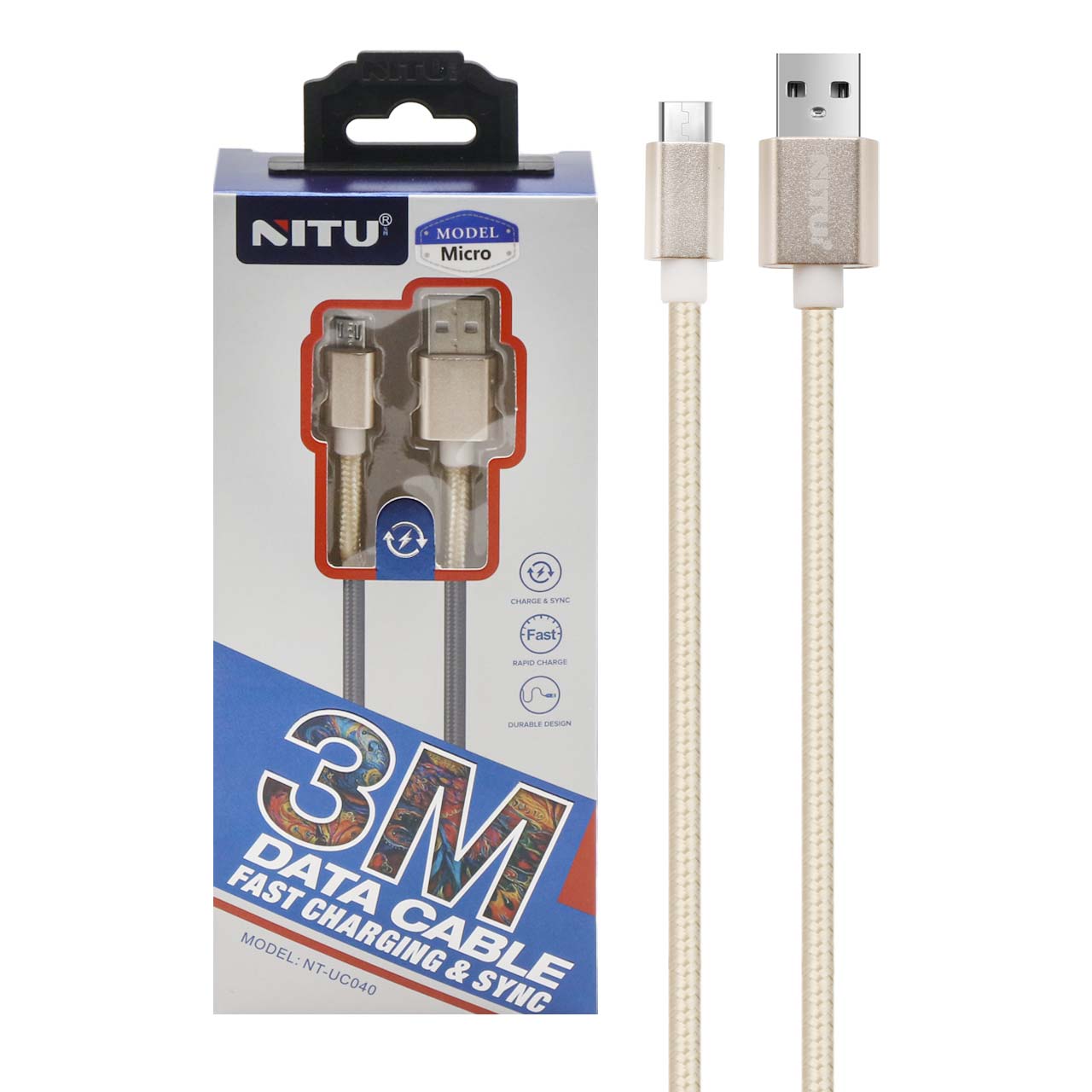 638038 کابل شارژ 3 متری فست اندروید NITU مدل UC040 - طلایی (گارانتی 18 ماه تعویض نیکان همراه) - تصویر 1