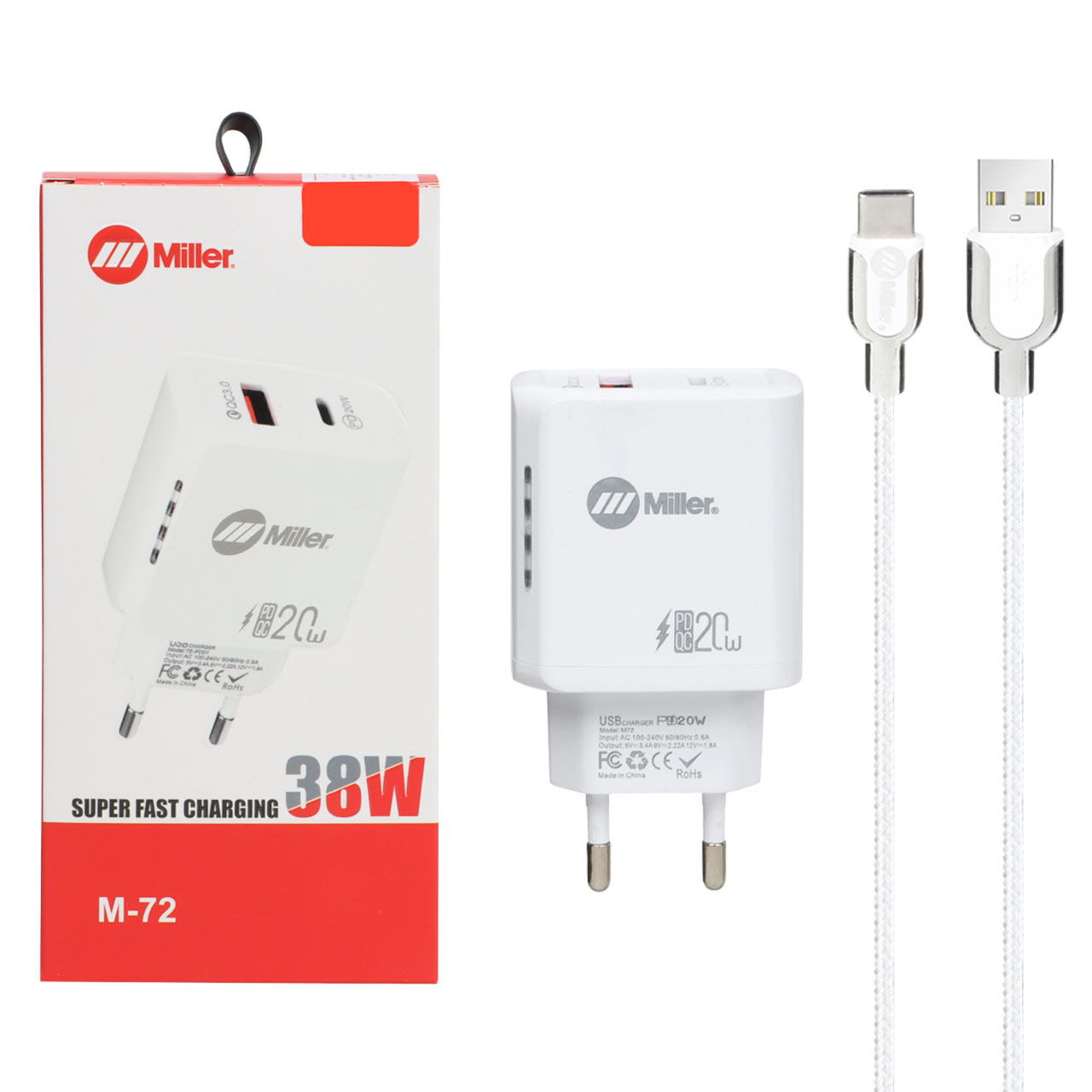 شارژر دیواری سوپر فست و PD دو پورت Miller مدل M-72 38W به همراه کابل شارژ Type-C - سفید (گارانتی پارتیان پایا) - اسپه کالا شارژر دیواری سوپر فست و PD دو پورت Miller مدل M-72 38W به همراه کابل شارژ Type-C - سفید (گارانتی پارتیان پایا) - تصویر 1
