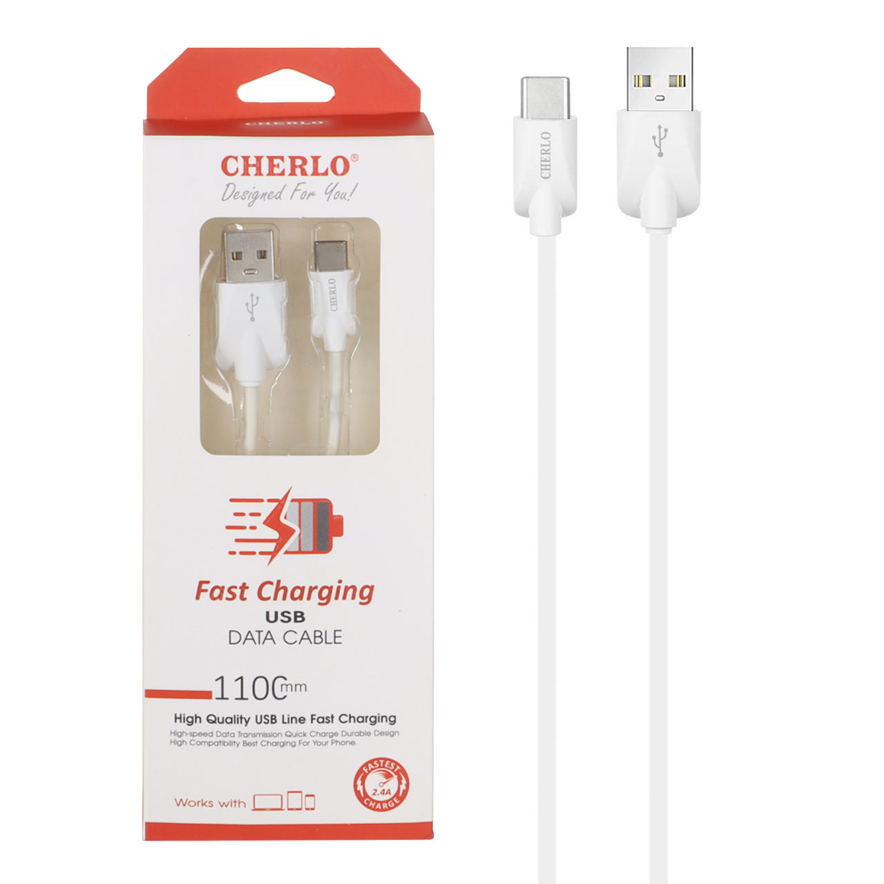 کابل شارژ فست CHERLO Type-C مدل CH-TC02 - سفید - SMO - اسپه کالا کابل شارژ فست CHERLO Type-C مدل CH-TC02 - سفید - SMO - تصویر 1