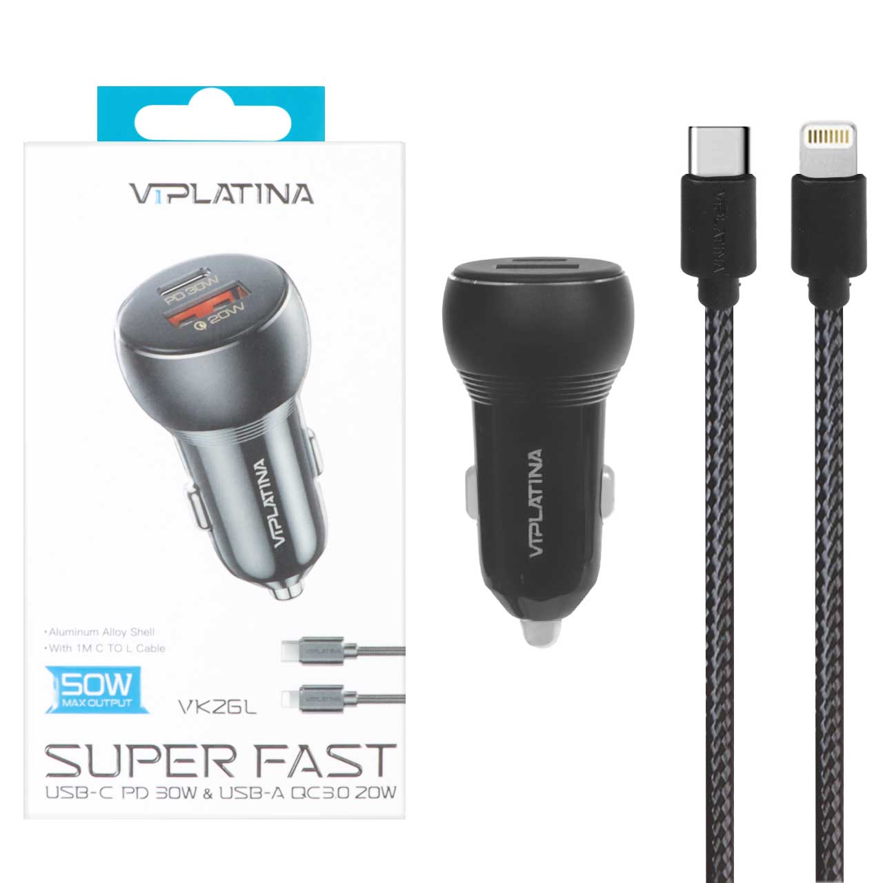 شارژر فندکی PD و فست دو پورت VIPLATINA مدل VK26L 50W به همراه کابل شارژ Type-C To Lightning - مشکی (گارانتی 18 ماه تعویض نیکان همراه) - اسپه کالا شارژر فندکی PD و فست دو پورت VIPLATINA مدل VK26L 50W به همراه کابل شارژ Type-C To Lightning - مشکی (گارانتی 18 ماه تعویض نیکان همراه) - تصویر 1