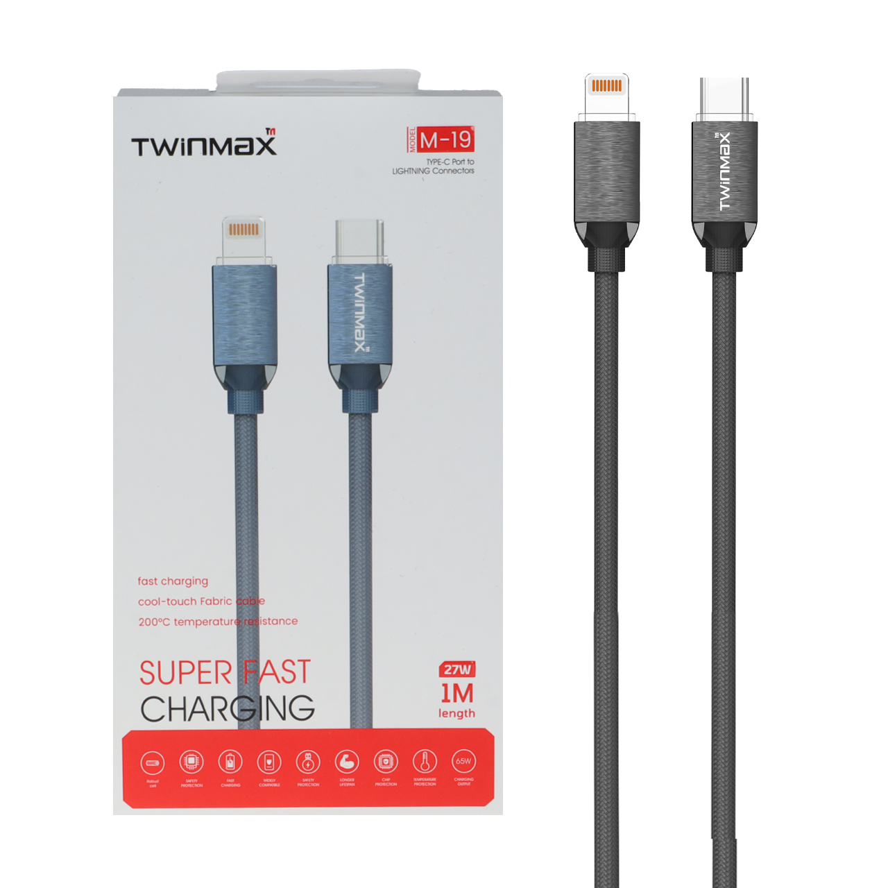 کابل شارژ فست TwinMax Type-C to Lightning مدل M-19 27W - خاکستری- MMX - اسپه کالا کابل شارژ فست TwinMax Type-C to Lightning مدل M-19 27W - خاکستری- MMX - تصویر 1
