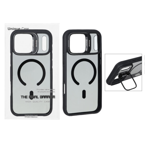 قاب اورجینال Bracket Unique Case مات Magsafe لنز آلومینیومی استندشو Apple iPhone 17 Pro Max - مشکی (پک دار)