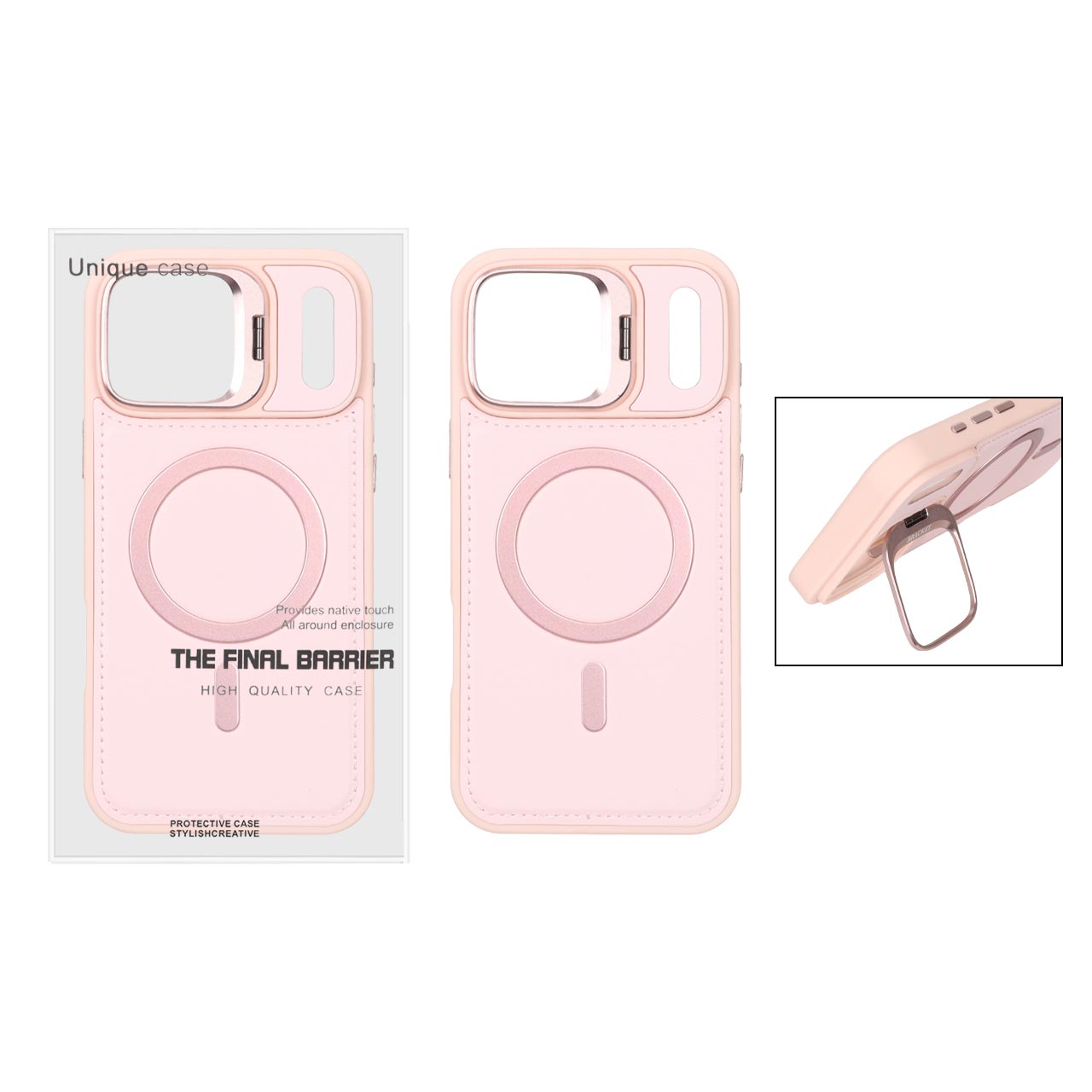 قاب Bracket چرمی دور دوخت MagSafe لنز استندشو Apple iPhone 17 Pro Max - صورتی (پک دار) - اسپه کالا قاب Bracket چرمی دور دوخت MagSafe لنز استندشو Apple iPhone 17 Pro Max - صورتی (پک دار) - تصویر 1