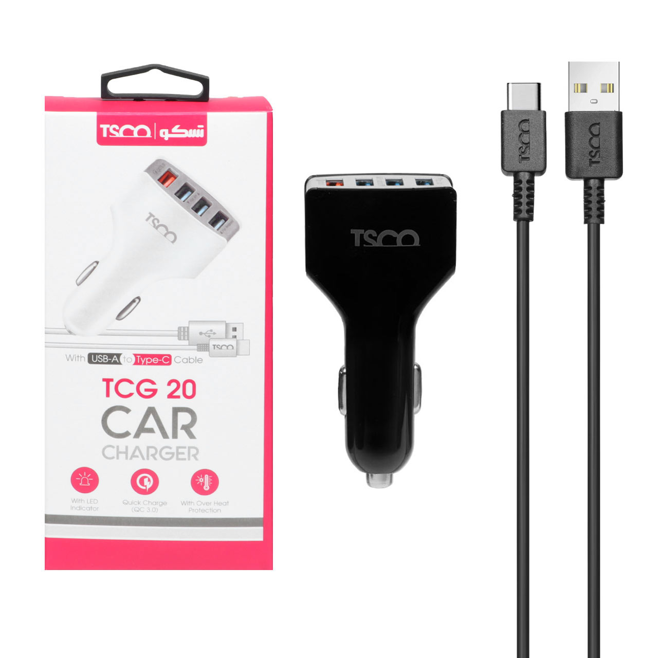 شارژر فندکی فست چهار پورت TSCO مدل TCG 20 18W به همراه کابل شارژ Type-C - مشکی - اسپه کالا شارژر فندکی فست چهار پورت TSCO مدل TCG 20 18W به همراه کابل شارژ Type-C - مشکی - تصویر 1