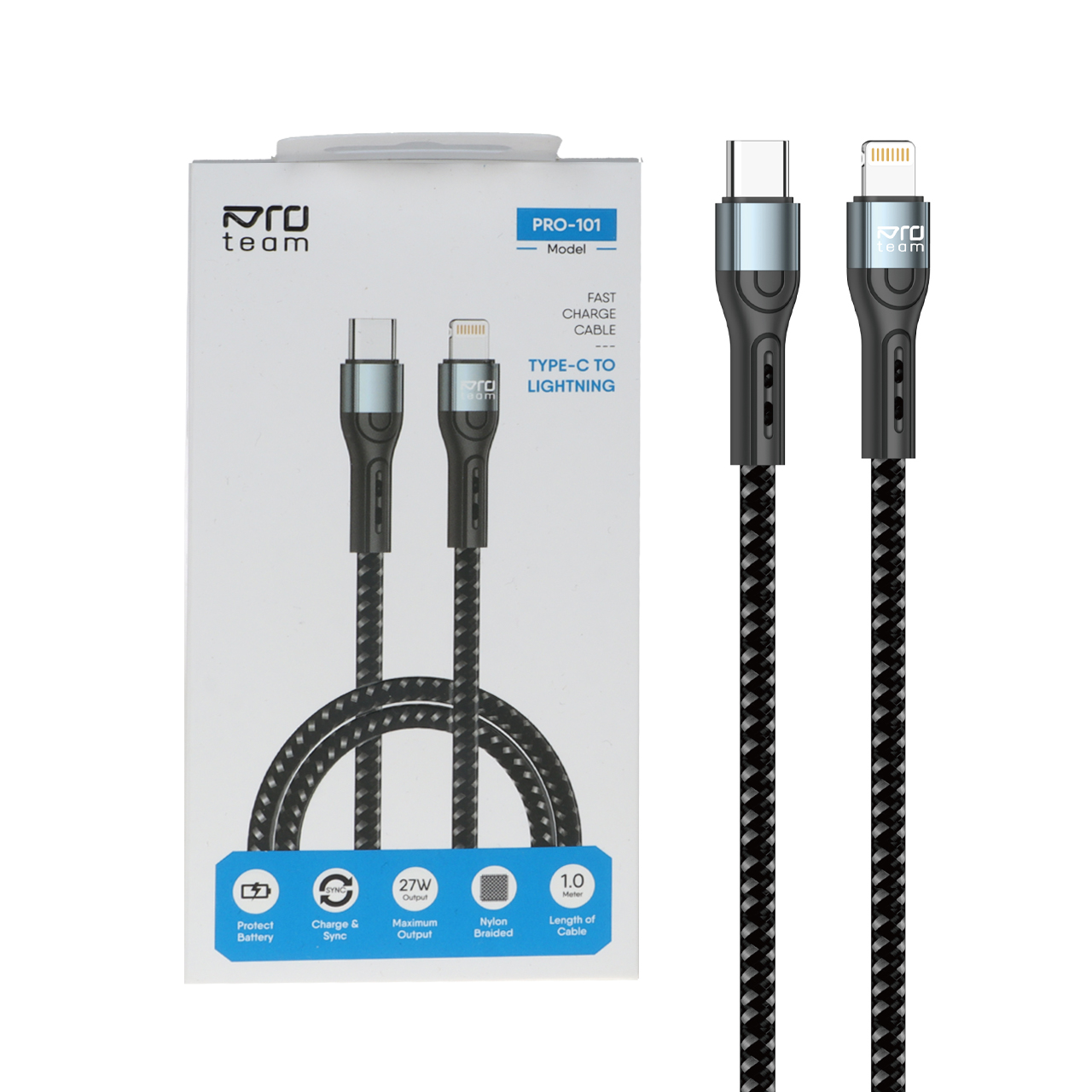 کابل شارژ فست ProTeam Type-C To Lightning مدل Pro-101 27W - مشکی - MMX - اسپه کالا کابل شارژ فست ProTeam Type-C To Lightning مدل Pro-101 27W - مشکی - MMX - تصویر 1