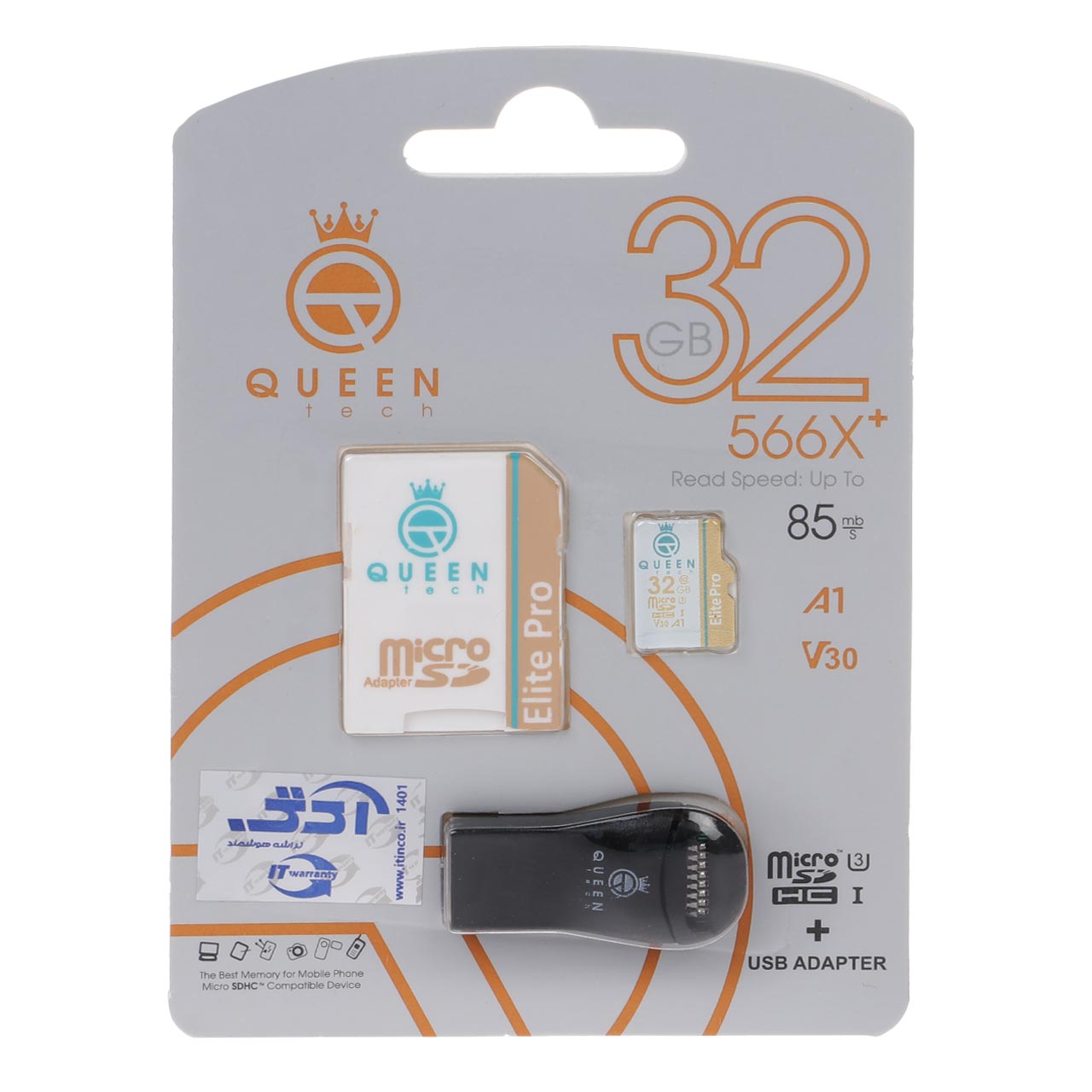 531090 Queen tech microSDHC & adapter & رم ریدر U3 Class 10 566X plus -85MB/s - 32GB - مشکی - تصویر 1