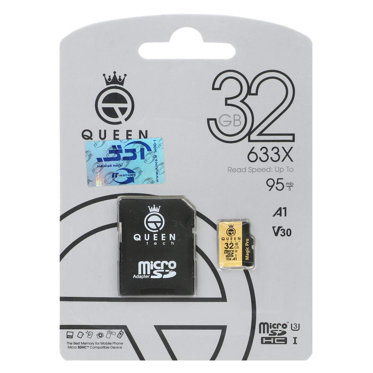 548948 (گارانتی مادامالعمر شرکت آی تین) Queen tech microSDHC & adapter U3 Class 10 633X -95MB/s - 32GB مشکی طلایی - تصویر 1
