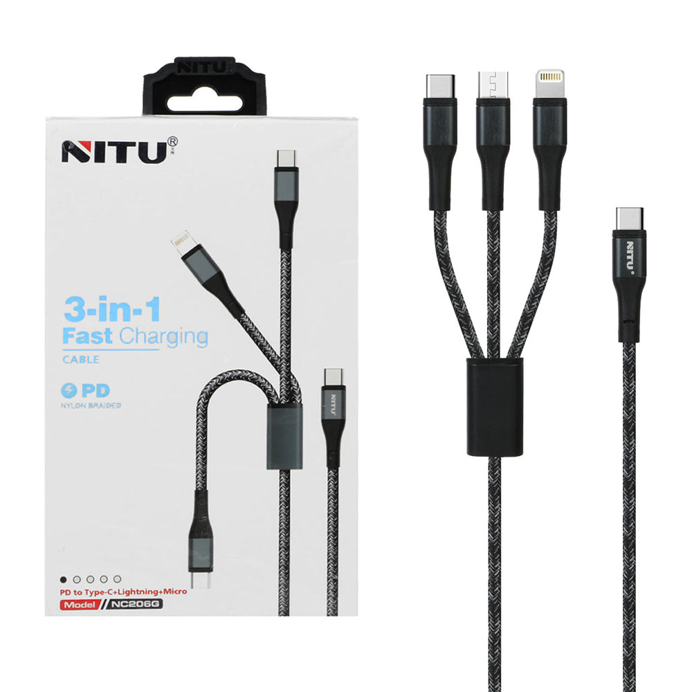 670382 کابل شارژ و دیتا PD و فست 1.2متری سه کاره NITU مدل NC206G - مشکی سفید (گارانتی12 ماه تعویض نیکان همراه) - تصویر 1