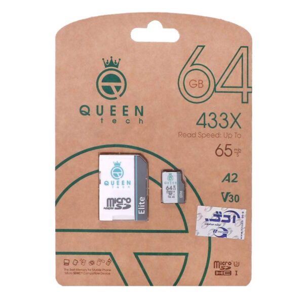 Queen tech microSDHC & adapter U3 Class 10 433X -65MB/s-64GBمشکی سفید