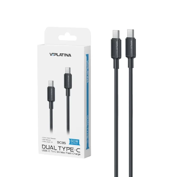 کابل شارژ فست VIPLATINA Type-C To Type-C مدل BC85 60W - مشکی (گارانتی 6 ماهه تعویض نیکان همراه)